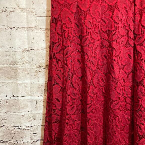 MissMay Dress Womens Small Red All Over Lace Overlay Off The Shoulder Midi Lined - Picture 9 of 15